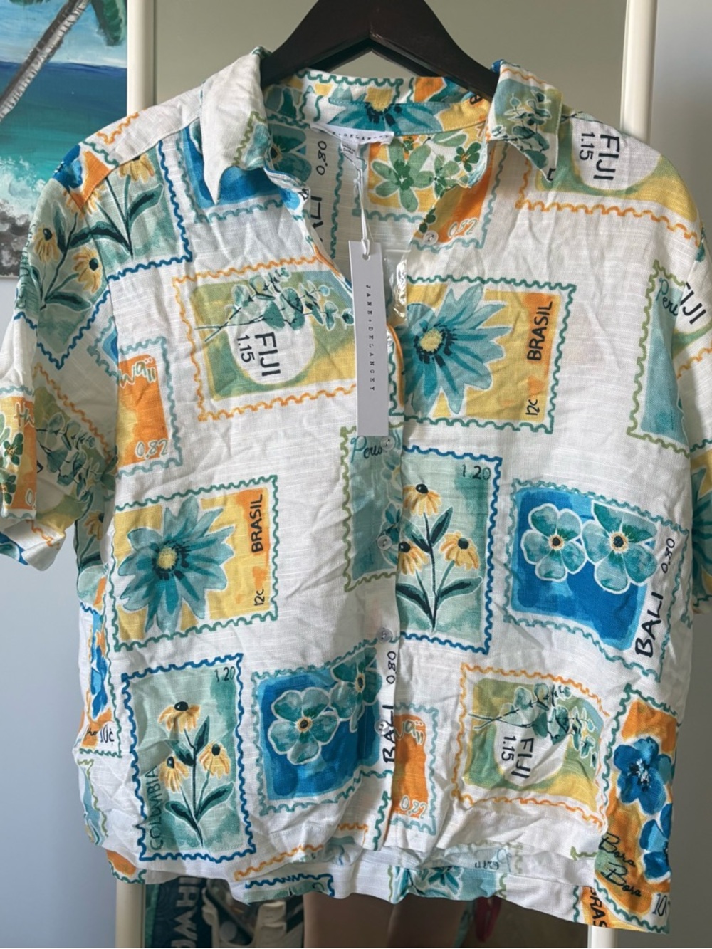 NWT! Jane and Delaney Short-Sleeve tropical Stamp Print Shirt